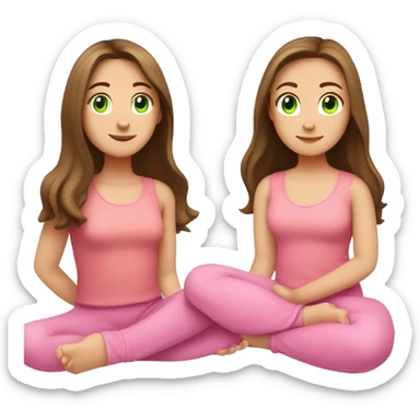 A girl with brown long hair, fair skin and green eyes is sitting in a lotus position in a pink top and pink leggings sticker