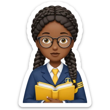 Girl student wearing uniform, glasses, hold yellow book in front of their chest, black braided hair, dark skin sticker