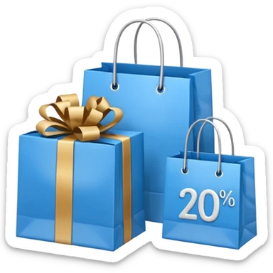 Shopping bags and gift boxes with blue colored , and 20% sign sticker