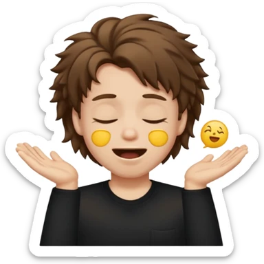 front emoji of a white boy with large brown hair, semi-closed eyes, wide open mouth, black shirt, playful emoji style, exaggerated hair sticker