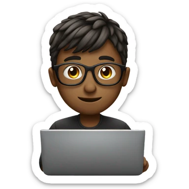 The man with his bangs in glasses is working hard on his laptop sticker