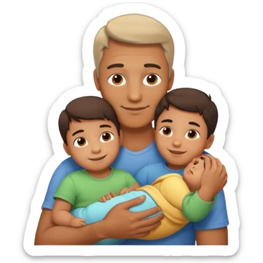 The father stands under the soft sunlight, his strong arms holding his child close to his chest, his gentle face glowing with a warm smile. sticker