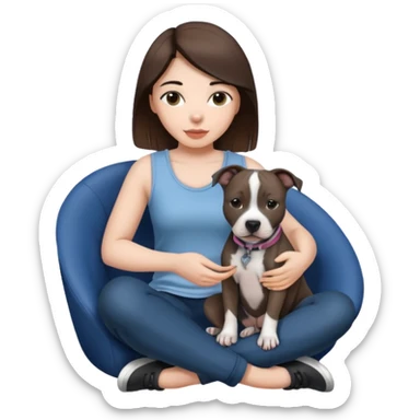a girl sitting with a black and white pitbull in her lap sticker