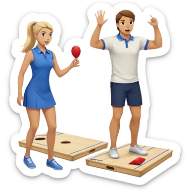 man with brown hair playing cornhole with a blonde hair girl cheering him on in the back sticker