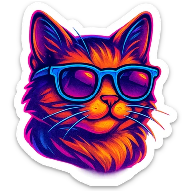 cat with sunglasses with neon glow, vibrant toon style sticker