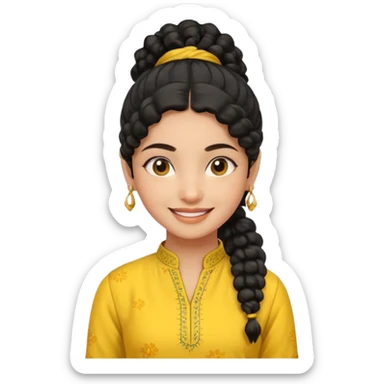 smiling fair Indian girl, black curly ponytail, yellow kurti, standing sticker