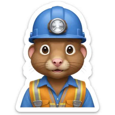 a mole rat, headlamp, BROWN worker cloth, blue helmet,  sticker