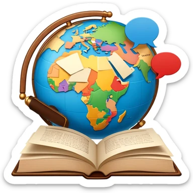 An icon showing a globe surrounded by speech bubbles with greetings in different languages, like 'Hello,' 'Hola,' and 'Bonjour.' The design includes an open book and a quill, symbolizing learning and communication. Transparent background emphasizes global connection through language. sticker