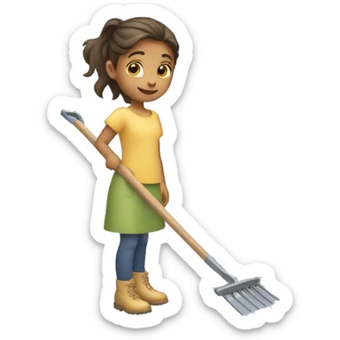Young girl pulling a garden rake sticker