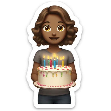 a brown hair girl holding a birthday cake and balloons sticker