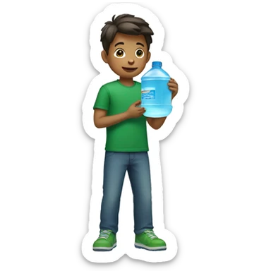  a boy wearing green clothes holding a gallon of water sticker