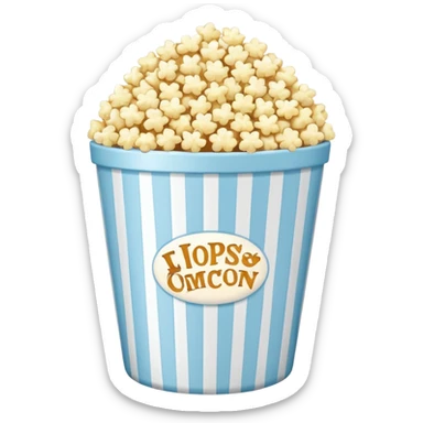 Popcorn in a pale blue popcorn bucket with stripes sticker