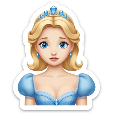 Cinematic Realistic Comical Cinderella Portrait, with every detail rendered realistically—from the soft, smooth texture of her fair skin to her artfully styled golden-blonde hair. Her bright blue eyes are wide with playful disbelief, and her expression carries a touch of whimsical humor while retaining elegant poise. Her classic ball gown, detailed with rich fabric textures and natural shadows, catches the light in a way that blends refined beauty with a hint of cheeky mischief, creating a striking, lifelike portrayal. sticker