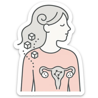 minimalist pastel art of a woman's silhouette with abstract PCOS symptoms inside including swirling hair, sugar cubes in bloodstream, constellation-like ovaries sticker