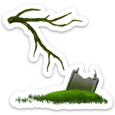 green arm reaching of ground with grave sticker