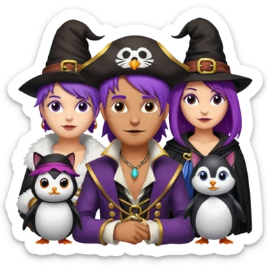 Um homem vestido de pirata,um gato de mágico,uma mulher de cabelos roxos e um pinguin vestido de bruxa sticker