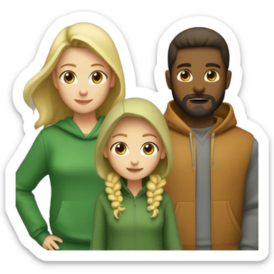 two girls and one guy. one of the girls is a blonde in a green sweater, the other has brown hair and wear gray hoodie, in the middle is a guy with dark hair and a beard sticker