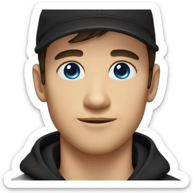 a guy with blue eyes, dark hair and bangs in backward black cap and in a black t-shirt sticker