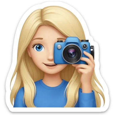  blue eyes blonde girl photographer cartoon taking picture in middle of taking picture camera in front of face long hair smiling funny flash professional, camera in front of face sticker