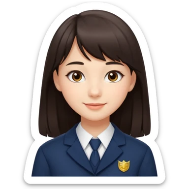 Pretty student with dark brown bangs and long straight hair, elegant school uniform, natural makeup, charming smile sticker