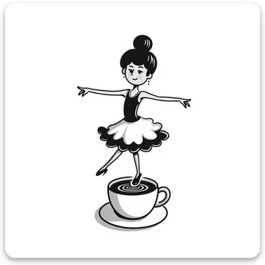 Elegant ballerina dancer formed from cappuccino foam art, pirouetting on top of coffee sticker