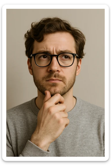 white male with glasses and brown wavy hair, looking thoughtful, simple background sticker
