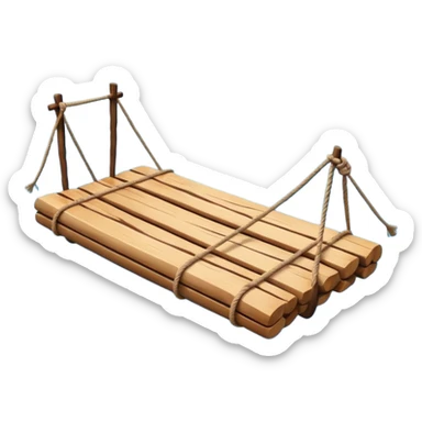 showing a simple wooden raft floating on calm blue water — made of several brown logs tied together with rope — gentle ripples around it — bright, cheerful lighting and soft shadows — minimalist, clean emoji design sticker