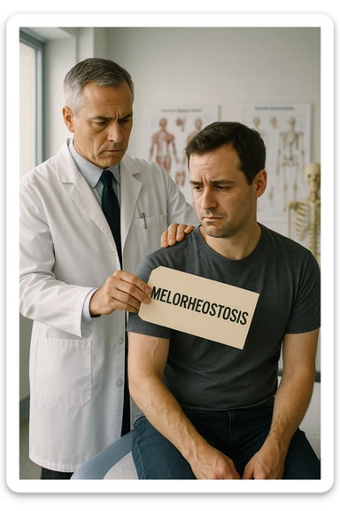A realistic, cinematic illustration set in a bright, modern medical office. A middle-aged doctor in a white lab coat with a serious expression is shown gently placing a large paper label on the shoulder of a male patient sitting on the examination table. The label has the word 'Melorheostosis' written on it, symbolizing the act of labeling the patient with his rare bone condition. The patient looks confused and slightly disheartened, wearing a simple t-shirt with part of his arm exposed, showing subtle signs of bone thickening or deformation associated with melorheostosis. The background includes medical charts and a softly blurred skeleton model, emphasizing the medical setting. The lighting is bright but neutral, conveying a sterile, clinical atmosphere while focusing on the symbolic moment of receiving a diagnosis label. The mood is introspective and slightly heavy, illustrating the emotional weight of being defined by a rare chronic condition sticker