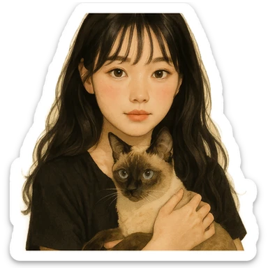 white-skinned East Asian woman with black see-through bang bangs and long wavy hair, holding a Siamese cat, round brown eyes, light pink blush on cheeks, pink lips, warm atmosphere sticker