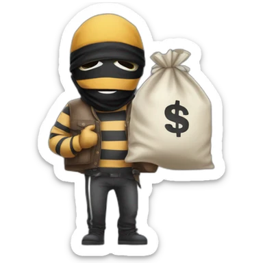 a bandit in striped clothes and a black mask over his eyes, carries a bag of money behind his back sticker