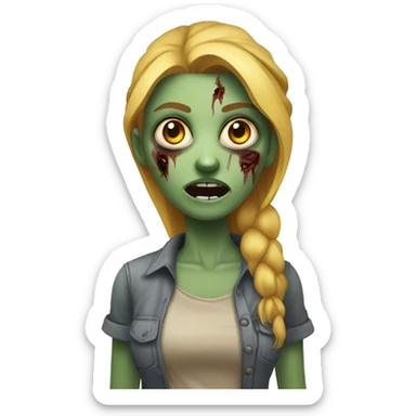 “Female zombie with greenish-gray skin, large yellow eyes, open mouth, and an exposed wound on the left cheek. Red-tinged blonde hair and a neutral-toned shirt.” sticker
