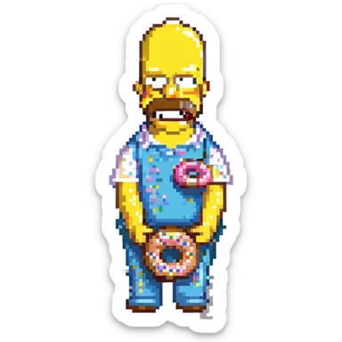 Homer Simpson pixel art, basic features, holding a donut with sprinkles sticker