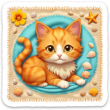 A fiery orange kitten with sun-kissed fur, wearing a tiny flower crown made of marigolds, lounging on a warm beach towel, surrounded by seashells, golden sparkles, and glowing summer sun. sticker
