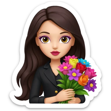  pretty bratz doll with makeup with dark top, long dark brown hair holding big bouquet of flowers  sticker