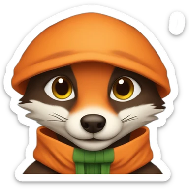 a small dark brown fox with orange eyes with a dark green hood that smile sticker