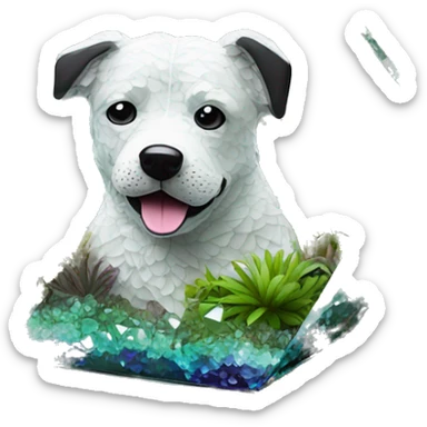 A dog made of glass mirror crystals prisms glass transparent filled with plants as a terrarium with graffiti doodles sticker