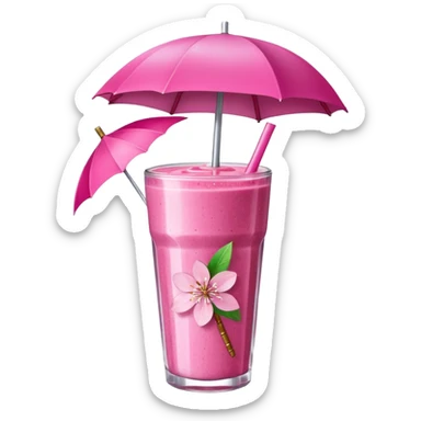 Hot pink smoothie with glitter, cherry blossom, and straw with umbrella sticker