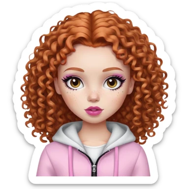 pretty bratz girl, ginger curly hair, freckles, dark brown eyes, pink lips, black eyeliner, pale skin, cute girly clothes sticker