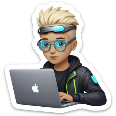 An emoji of a person with a laptop, but wearing cyberpunk glasses and with a slight neon glow sticker