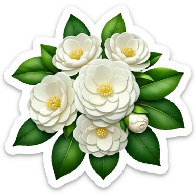 big bouquet White Camellia Japonica, luxuriant, stem, leaf sticker