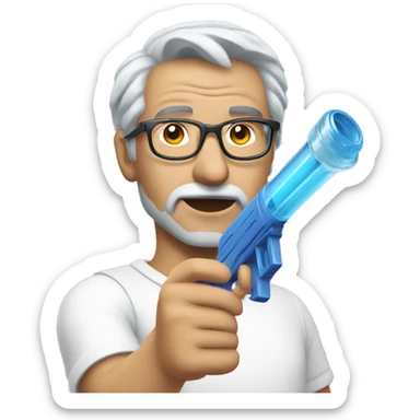 Turkish man with grey hair and protective glasses and white t-shirt aiming a water gun with one hand while standing sideways sticker