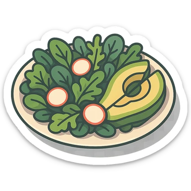 a plate with mixed salad greens radishes and avocado in 2D isometric illustration style sticker