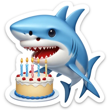 blue shark with puckered lips directly kissing a birthday cake, clear kissing action sticker