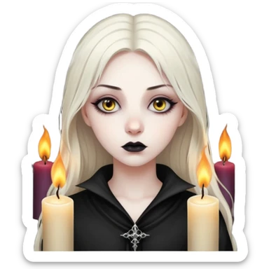 Pale woman with kohl-lined eyes staring through candle smoke, predatory calm, gothic fantasy mood sticker