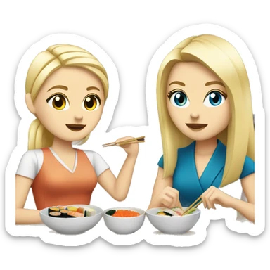 Blonde white girl with blue eyes eating sushi with brunette friend sitting in a table sticker