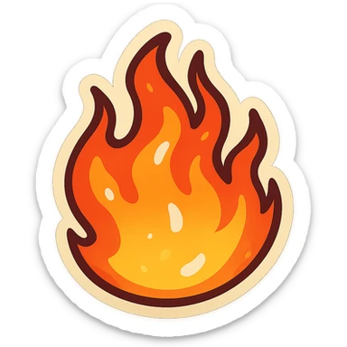 retro sticker style illustration of a bright, energetic flame with bold outlines, playful shapes, glossy highlights, volumetric and moving flame sticker