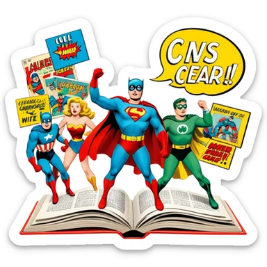 Icon for Vintage American Comics: an open comic magazine with classic 1940s-1950s American comic art, featuring superheroes in bold, bright colors, with action panels and exaggerated speech bubbles. The icon should represent the nostalgic style of vintage comics. Transparent background. sticker