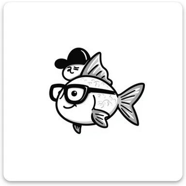A hand-drawn goldfish with a derpy expression wearing oversized glasses sticker
