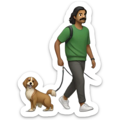 an indian man wearing a green sweatshirt, beige shoes, long hair, no beard, black shorts, walking, side profile, one hand raised slightly below waist level with leash in hand but no dog sticker