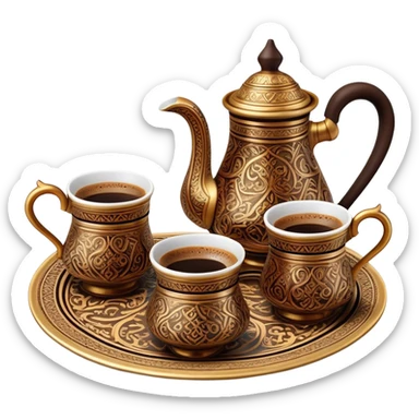 Turkish Coffee Set – Cinematic Realistic Turkish Coffee Set, depicted as an elegantly arranged ensemble of ornate coffee cups and a traditional cezve pot, adorned with intricate patterns and rich, warm colors, rendered with detailed textures and soft ambient lighting that captures its cultural heritage. sticker